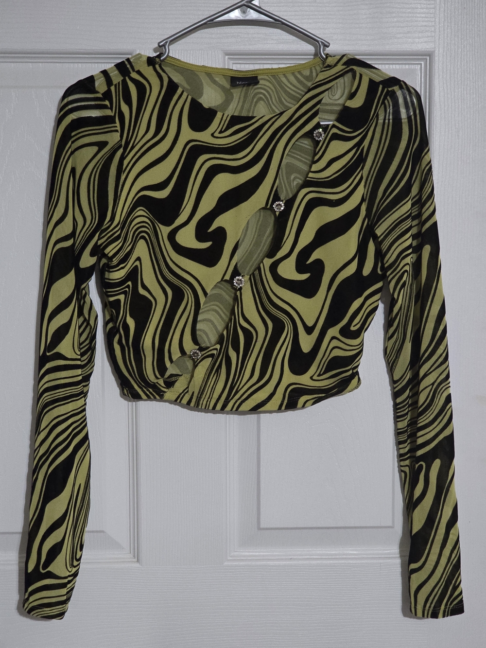 Blanc Clothing Y2K Green Black Swirl Velvet Flocked Cutout Rhinestone Crop Top S